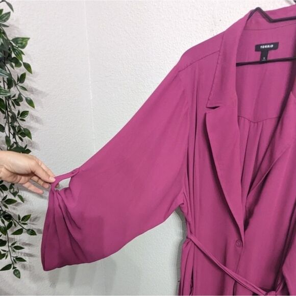 Torrid Lightweight Chiffon Drape Trench Coat Fuchsia 3/4 Sleeve Pockets Plus 5X - Picture 6 of 11